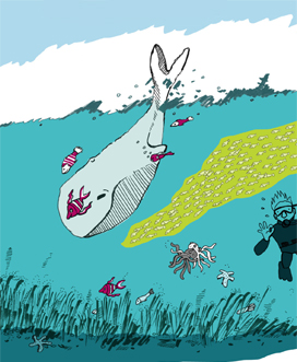 tandem Illustration ein großer Wal schwimmt zwischen einem Schwarm und anderen Fischen tandem Illustration ein großer Wal schwimmt zwischen einem Schwarm und anderen Fischen